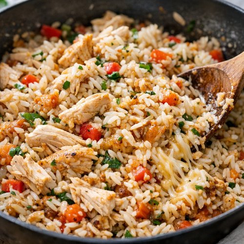 Step 5: Combine Chicken, Rice, Seasonings, and Half the Cheese